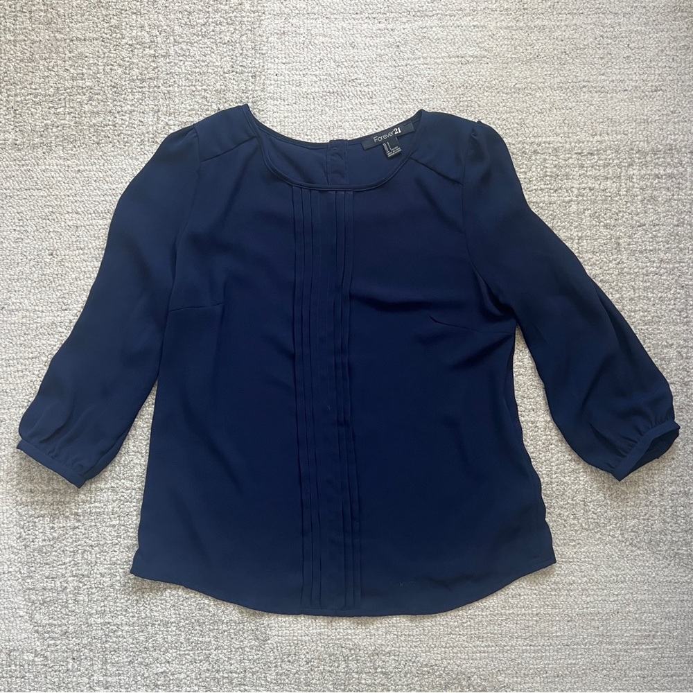 Navy Blue 3/4-Length Sleeve Blouse with Gold Buttons Down the Back